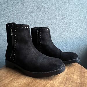 FRYE Natalie Black Suede Studded Zipper Ankle Boots